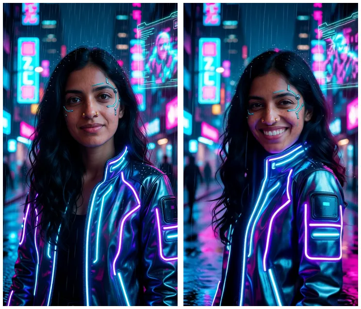 Side by side: the source portrait image of AI character Aanya in a neon jacket, and a frame from the Wan 2.2 clip made from it at 480 x 832