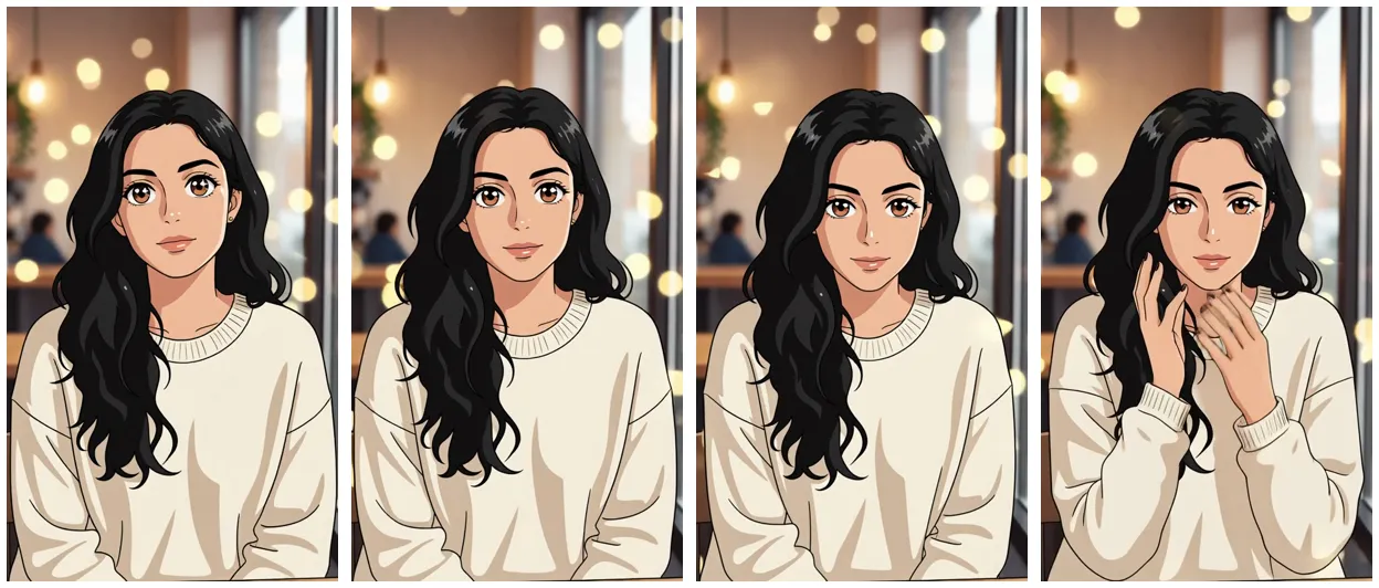 Four frames from a Wan 2.2 clip of an anime style version of AI character Aanya in a cream sweater, tilting her head and raising a hand near her face