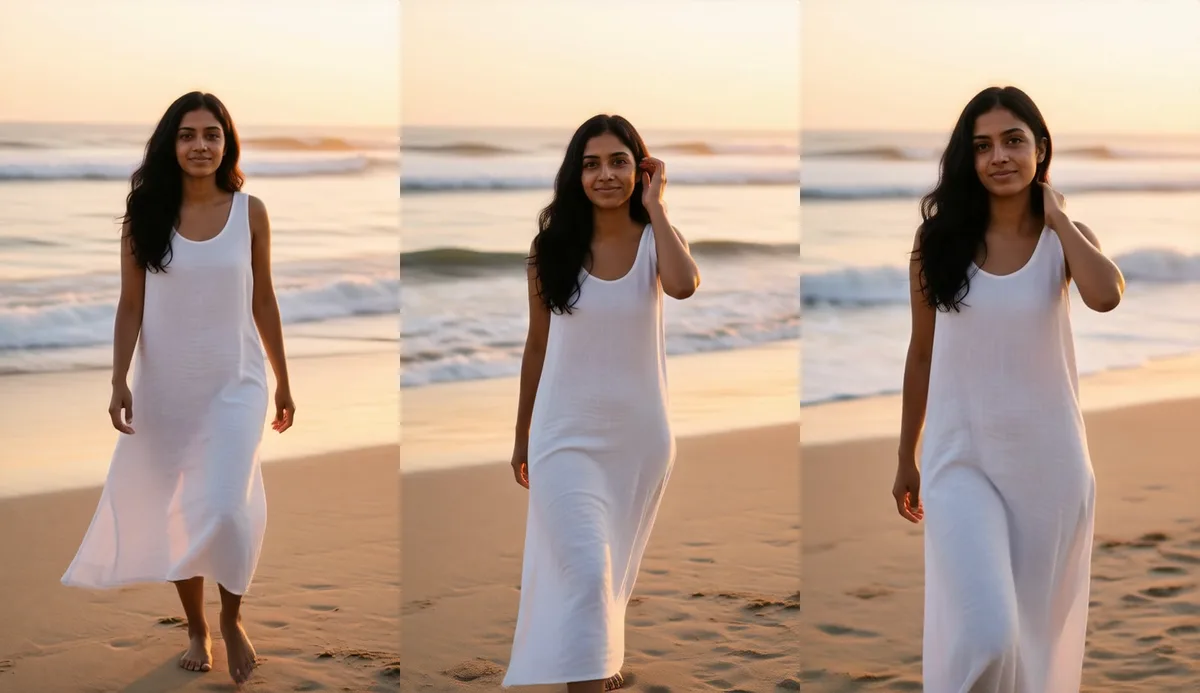Three frames from a 5 second Wan 2.2 image to video clip of a fictional character walking on a beach