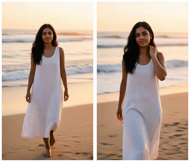 First and last frame of a 5 second Wan 2.2 clip of AI character Aanya walking on a beach; the last frame becomes the start image for the next clip