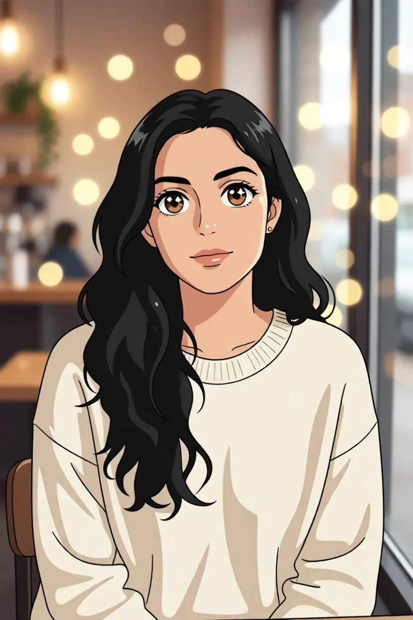The fictional character Aanya as a 2D anime character with clean line art and soft cel shading, same long wavy black hair and cream sweater, in the same cafe