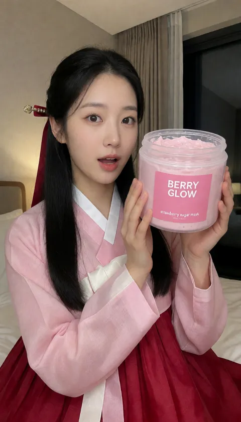 Reference image for a Wan Animate 2 swap: fictional character Seo-yeon in a pink and red hanbok holding a pink BERRY GLOW strawberry sugar mask tub