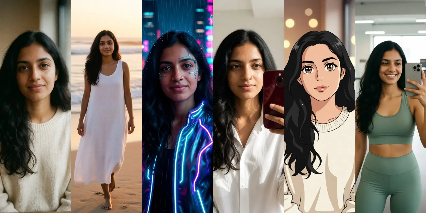 The same fictional AI character, Aanya, in six images: a cafe, a beach, a cyberpunk city, a mirror selfie, an anime version and a gym