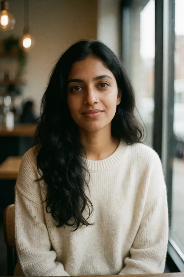 Aanya, a fictional AI character, in a cream knit sweater by a cafe window