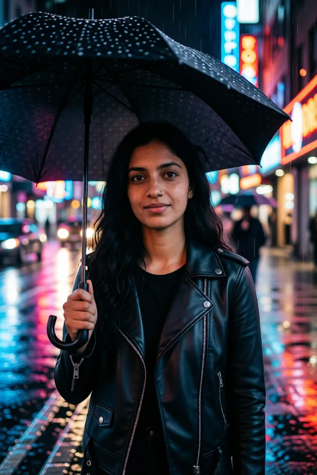 The same fictional character on a rainy neon street at night in a black leather jacket with an umbrella