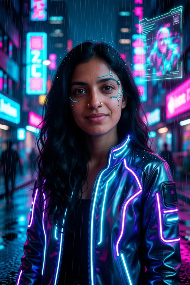 The same fictional character as a cyberpunk character in a glowing neon jacket