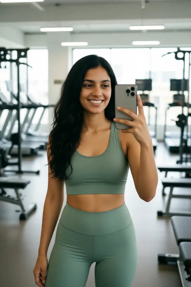The same fictional character taking a gym mirror selfie in sage green workout clothes