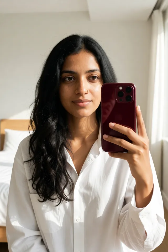 The same fictional character taking a bedroom mirror selfie with a burgundy phone